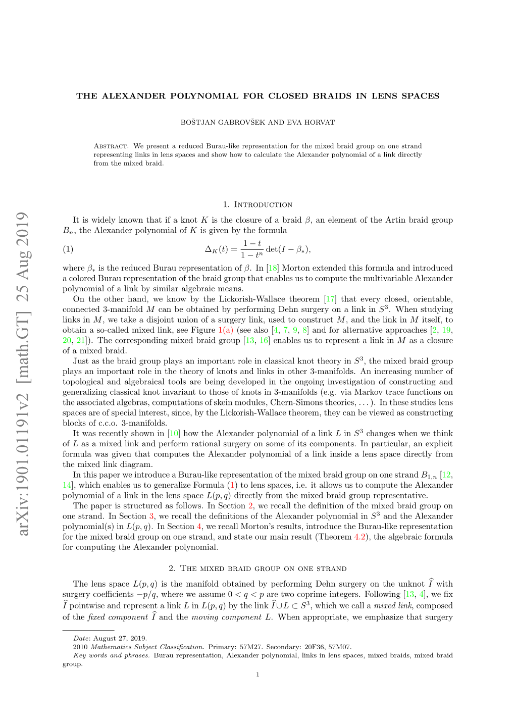 Arxiv:1901.01191V2 [Math.GT] 25 Aug 2019