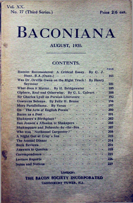 Baconiana F AUGUST, 1930