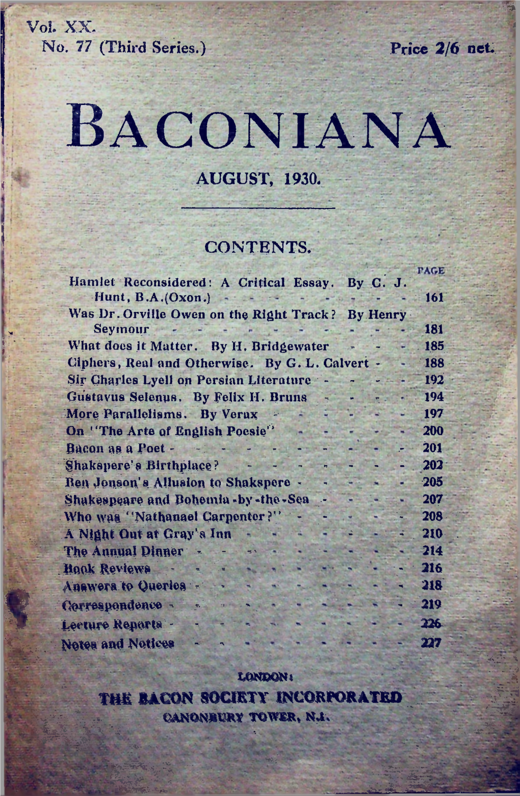 Baconiana F AUGUST, 1930