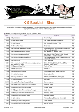 K-9 Booklist - Short