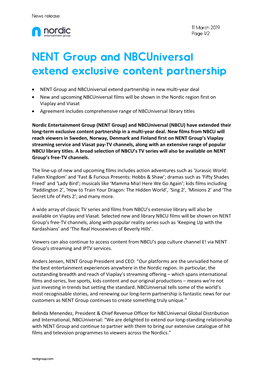 • NENT Group and Nbcuniversal Extend Partnership in New Multi