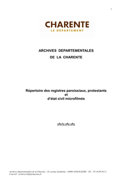 ARCHIVES DEPARTEMENTALES DE LA CHARENTE Répertoire Des