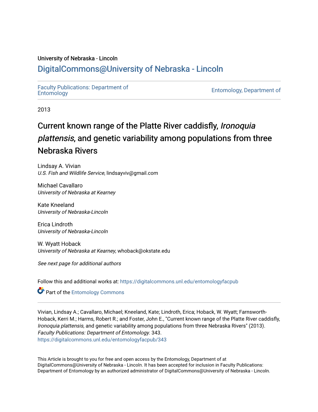 Current Known Range of the Platte River Caddisfly, <I>Ironoquia