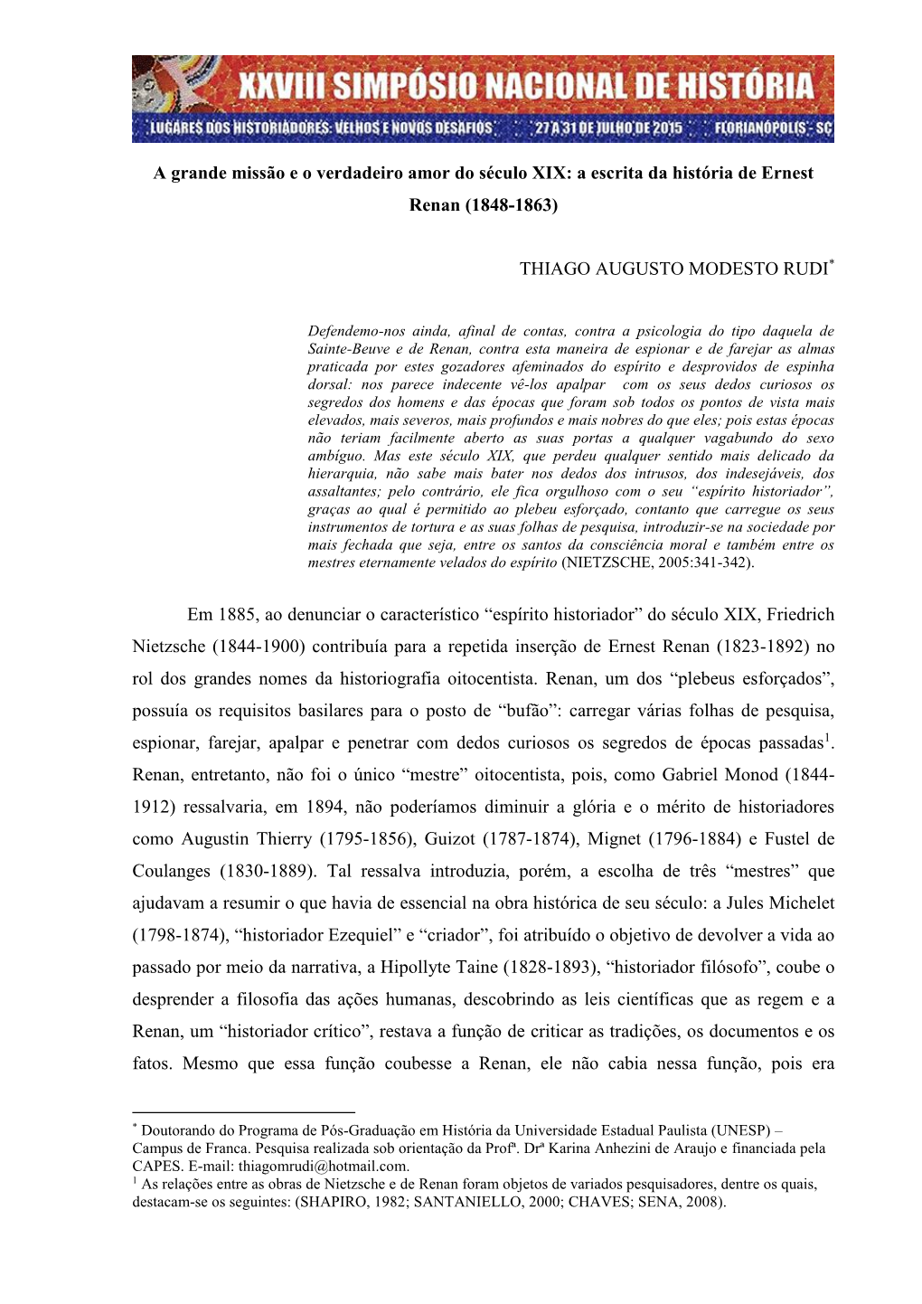 A Grande Missão E O Verdadeiro Amor Do Século XIX: a Escrita Da História De Ernest Renan (1848-1863) THIAGO AUGUSTO MODESTO R