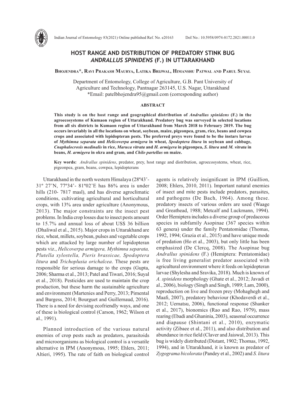 Host Range and Distribution of Predatory Stink Bug Andrallus Spinidens (F.) in Uttarakhand