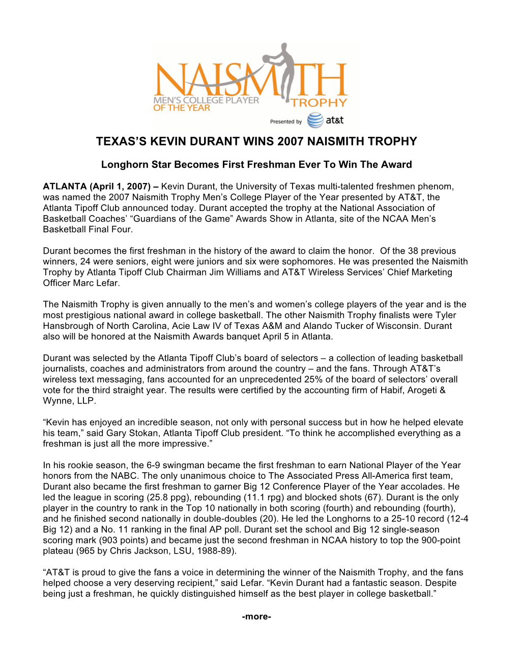 Texas's Kevin Durant Wins 2007 Naismith Trophy