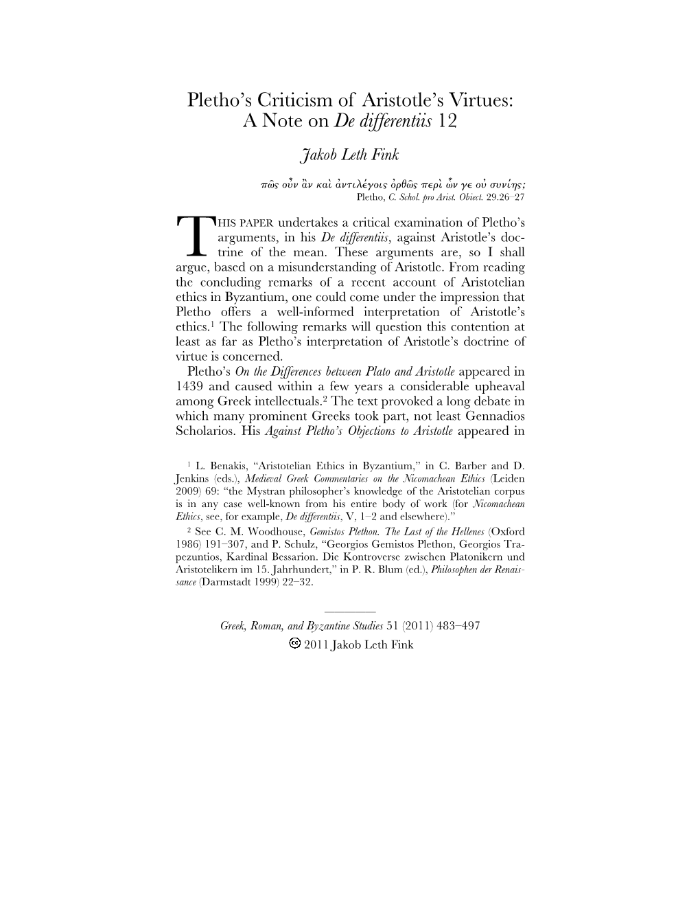 Pletho's Criticism of Aristotle's Virtues: a Note on De Differentiis 12