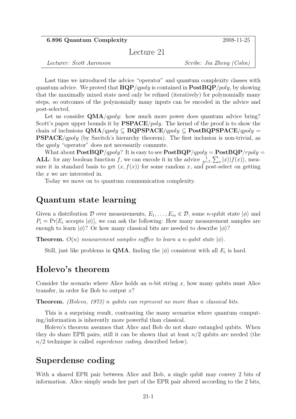 6.845 Quantum Complexity Theory, Lecture 21