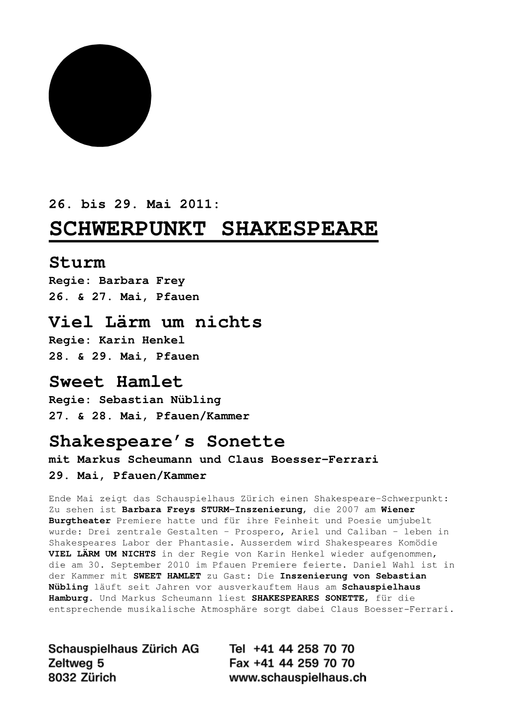 Medienmitteilung SCHWERPUNKT SHAKESPEARE 1