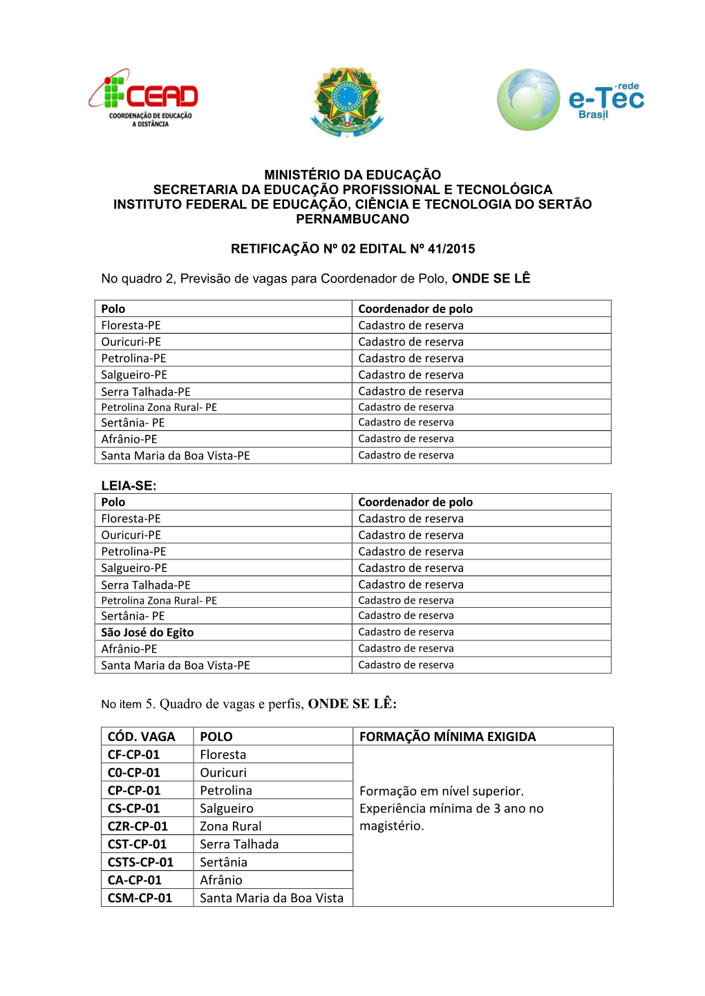 CÓD. VAGA POLO FORMAÇÃO MÍNIMA EXIGIDA CF-CP-01 Floresta C0-CP-01 Ouricuri CP-CP-01 Petrolina Formação Em Nível Superior