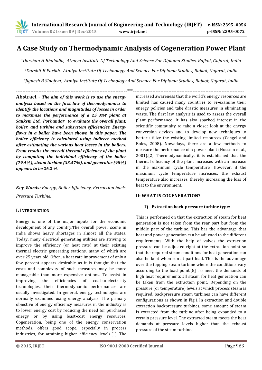 A Case Study on Thermodynamic Analysis of Cogeneration Power Plant