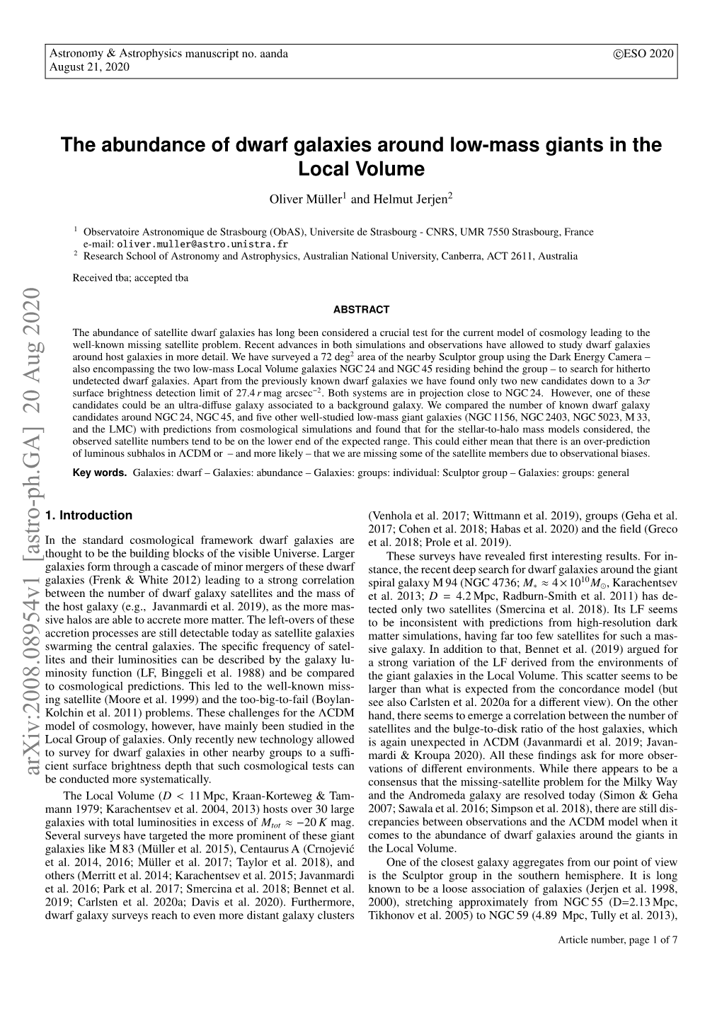 The Abundance of Dwarf Galaxies Around Low-Mass Giants in the Local Volume Oliver Müller1 and Helmut Jerjen2