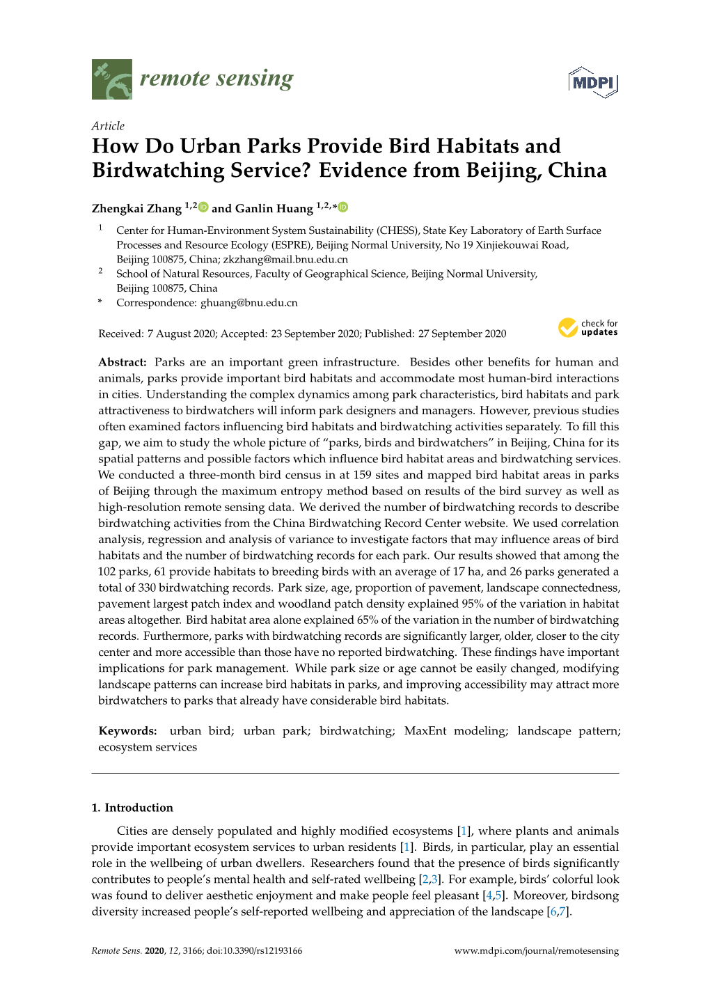 How Do Urban Parks Provide Bird Habitats and Birdwatching Service? Evidence from Beijing, China