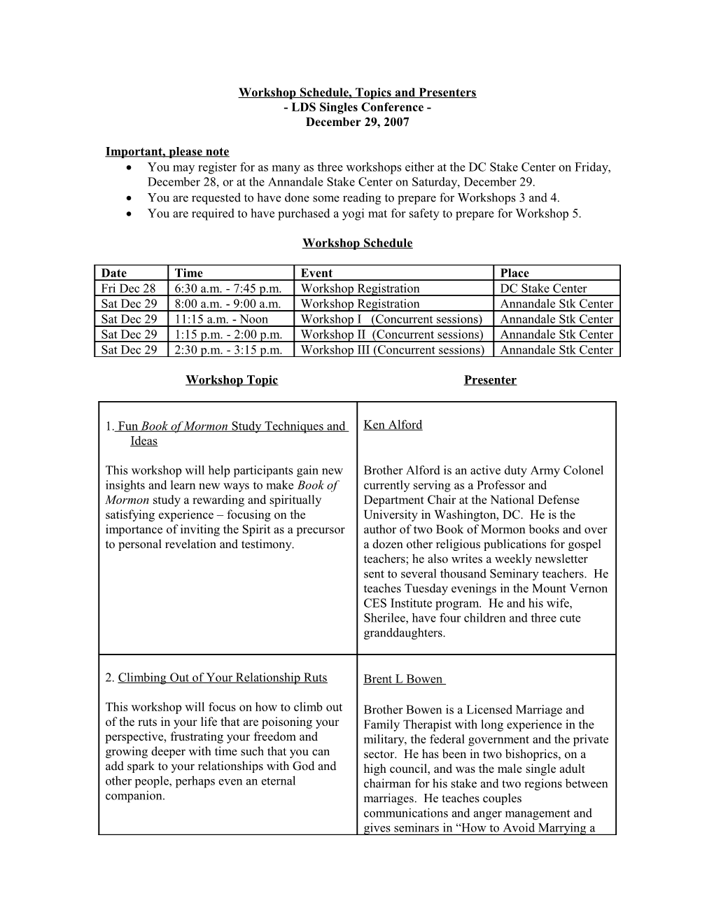 Workshop Schedule, Topics and Presenters