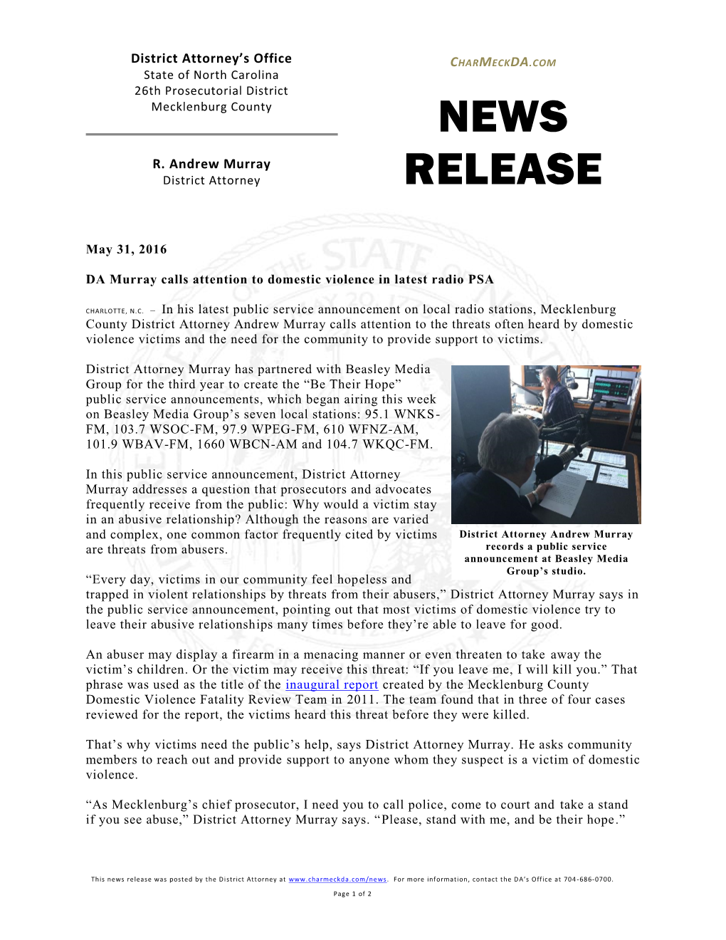 News Release Was Posted by the District Attorney At
