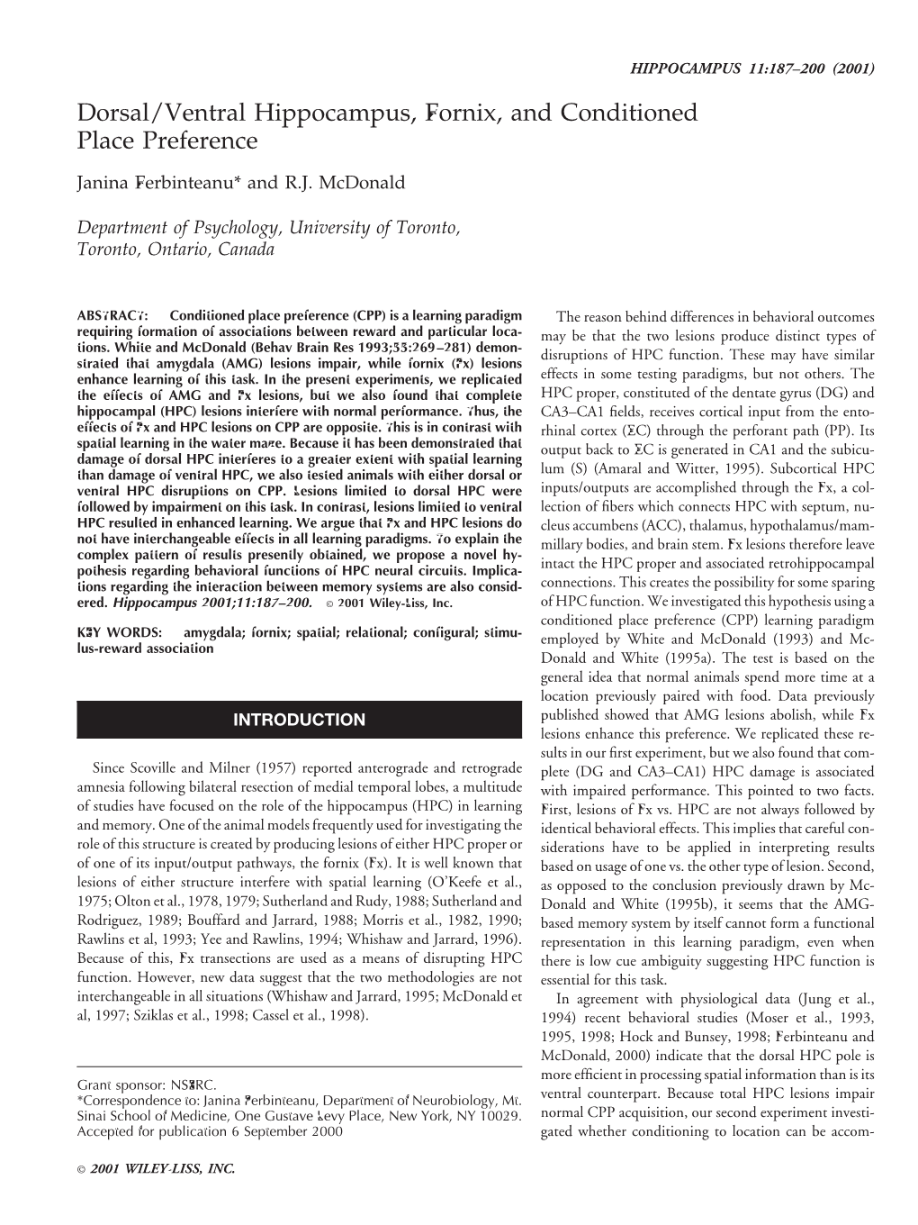 Dorsal/Ventral Hippocampus, Fornix, and Conditioned Place Preference