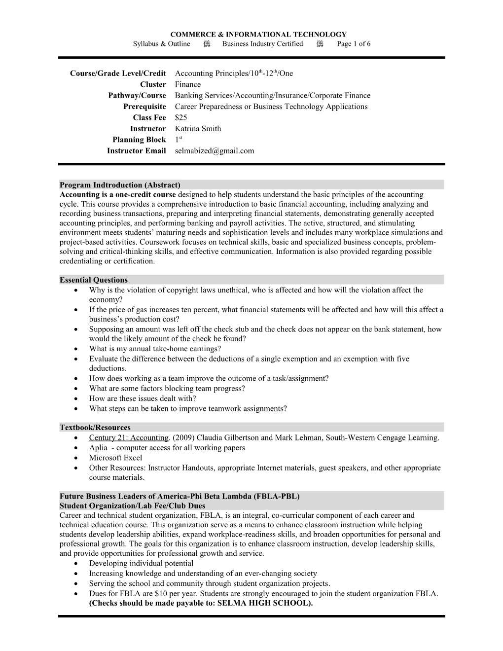 Syllabus & Outline Ø Business Industry Certified Ø Page 6 of 6