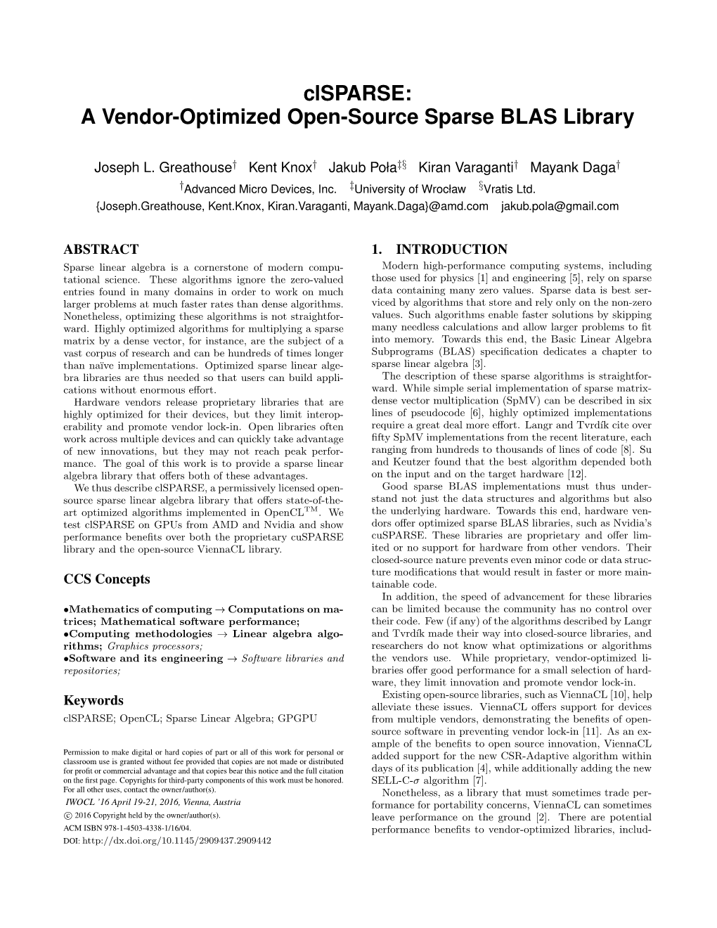 Clsparse: a Vendor-Optimized Open-Source Sparse BLAS Library