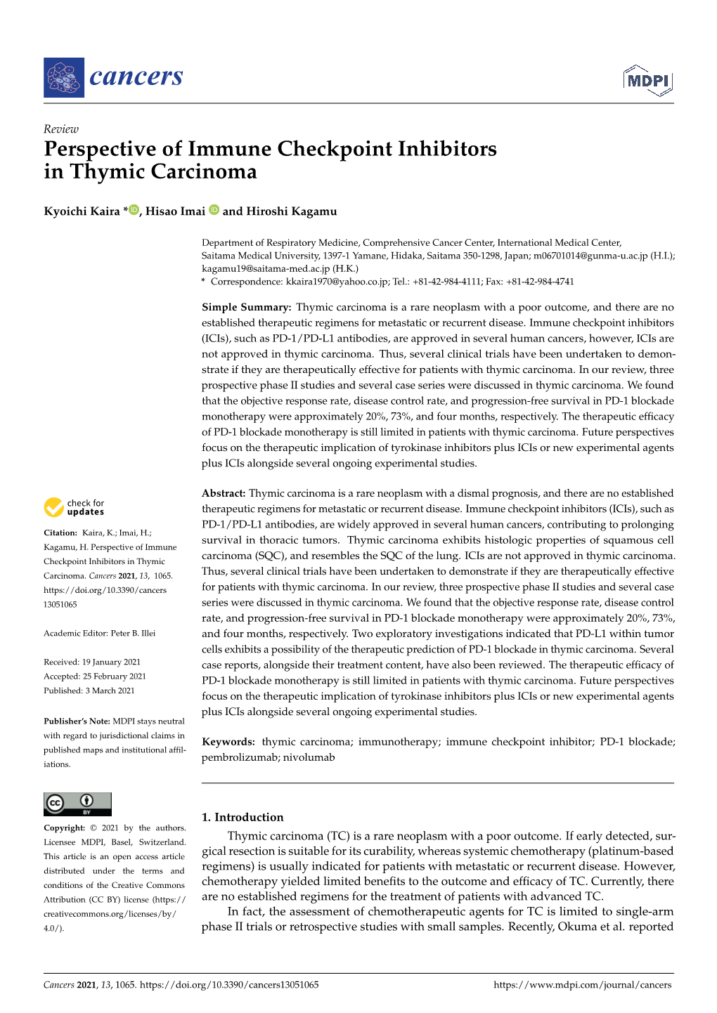 Perspective of Immune Checkpoint Inhibitors in Thymic Carcinoma