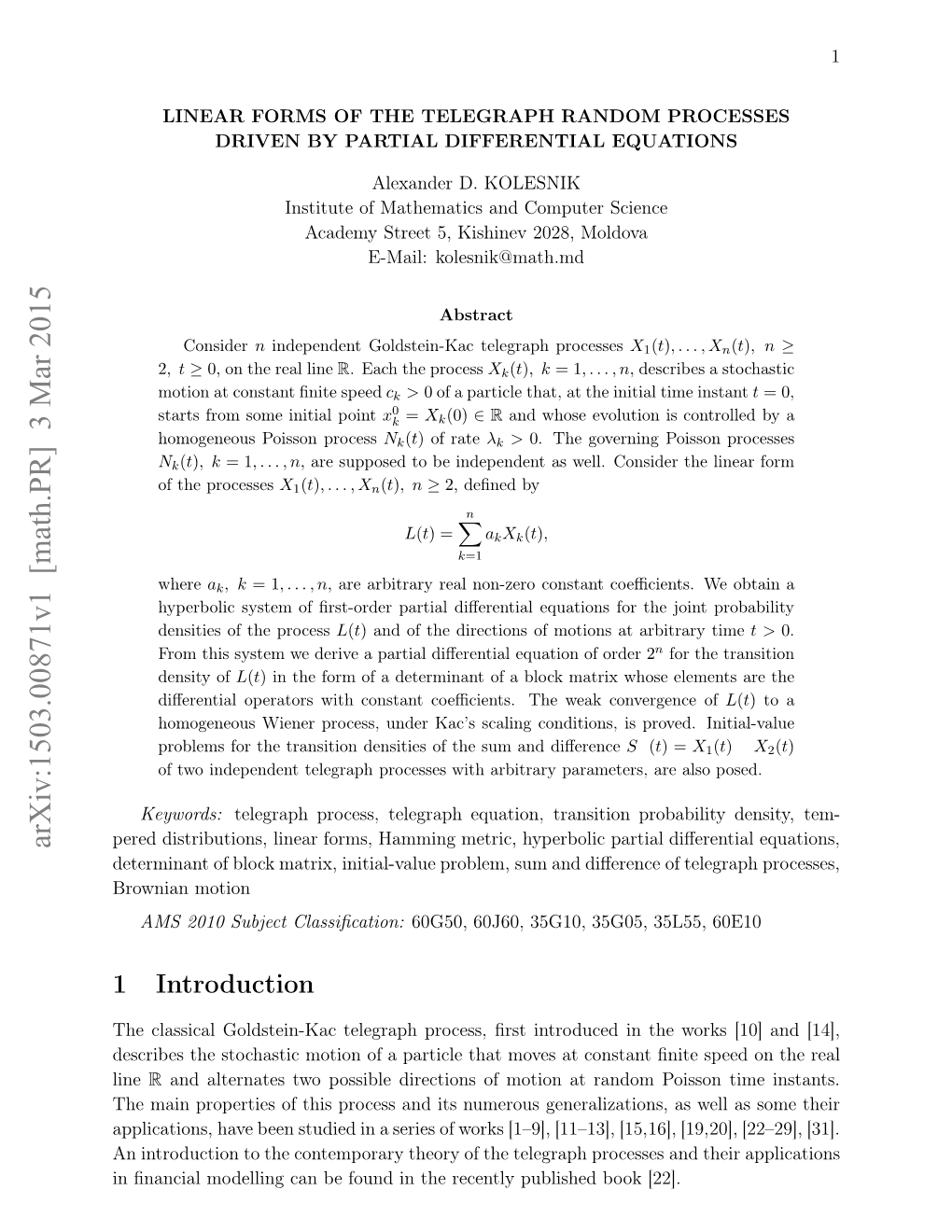 Arxiv:1503.00871V1 [Math.PR]