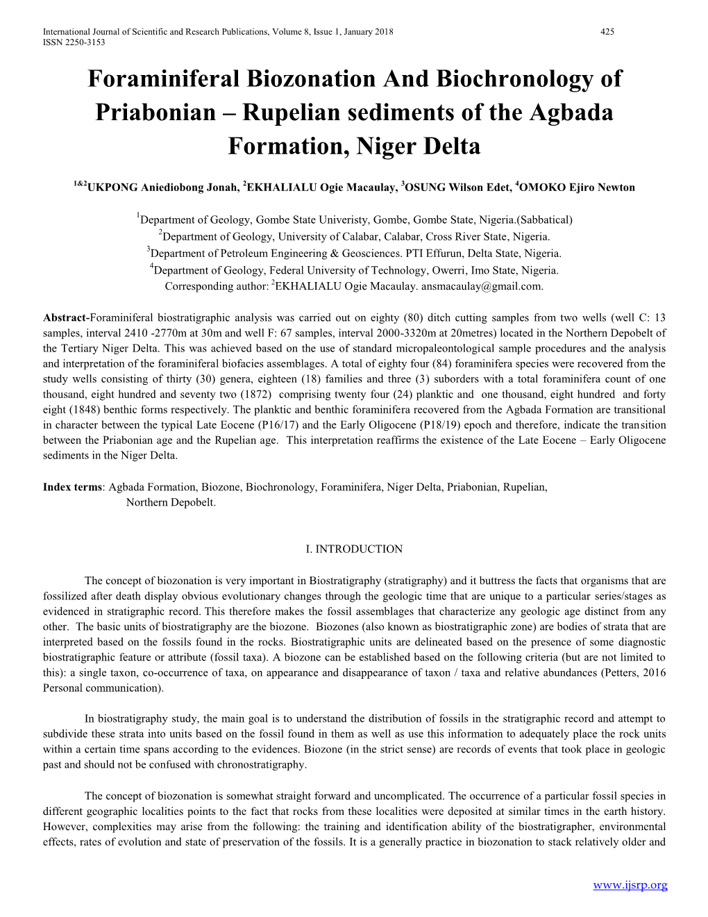 Rupelian Sediments of the Agbada Formation, Niger Delta