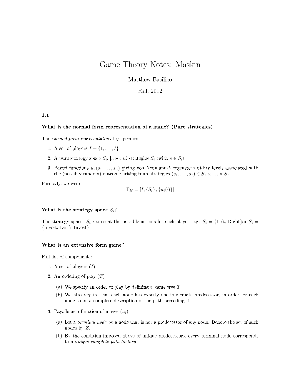 Game Theory Notes: Maskin