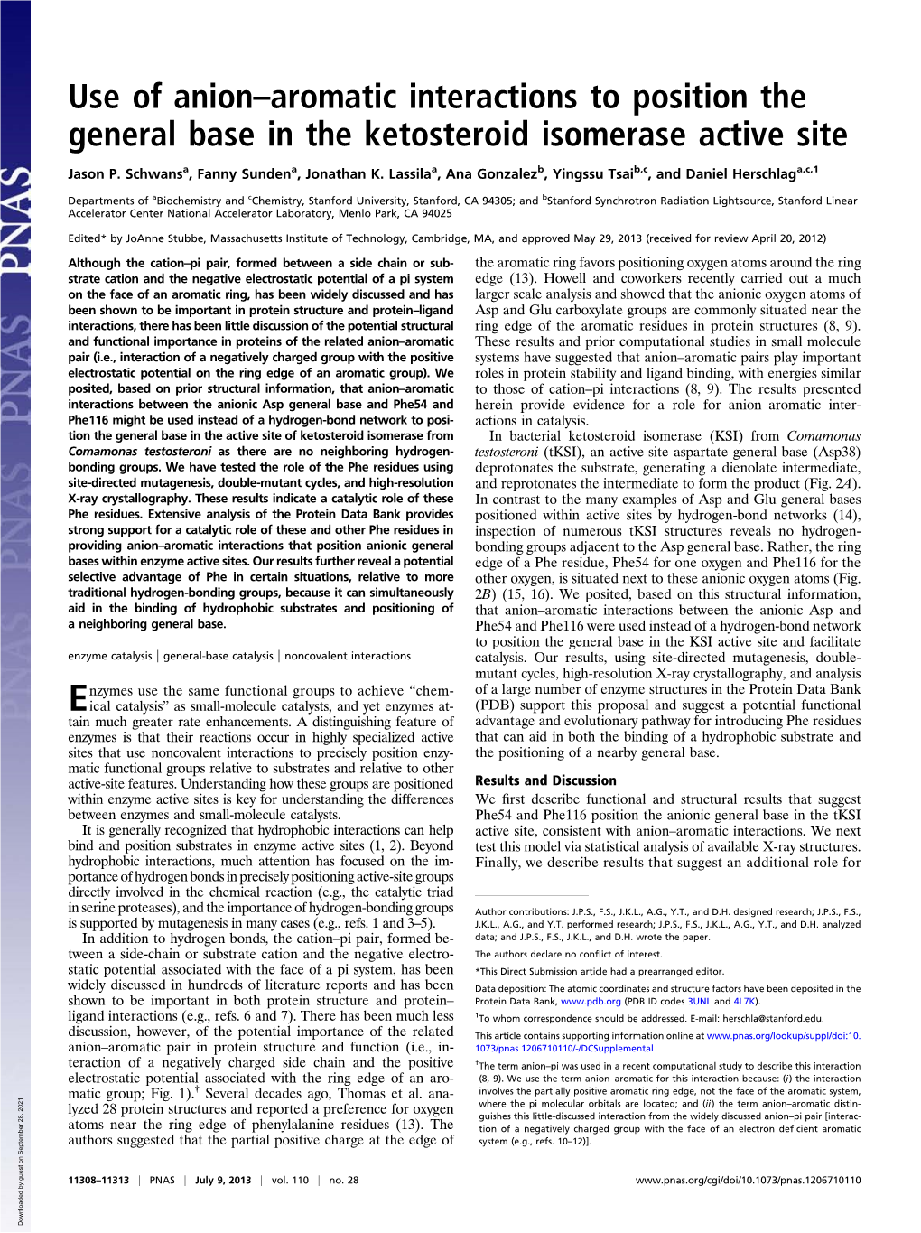 Use of Anion–Aromatic Interactions to Position the General Base in the Ketosteroid Isomerase Active Site