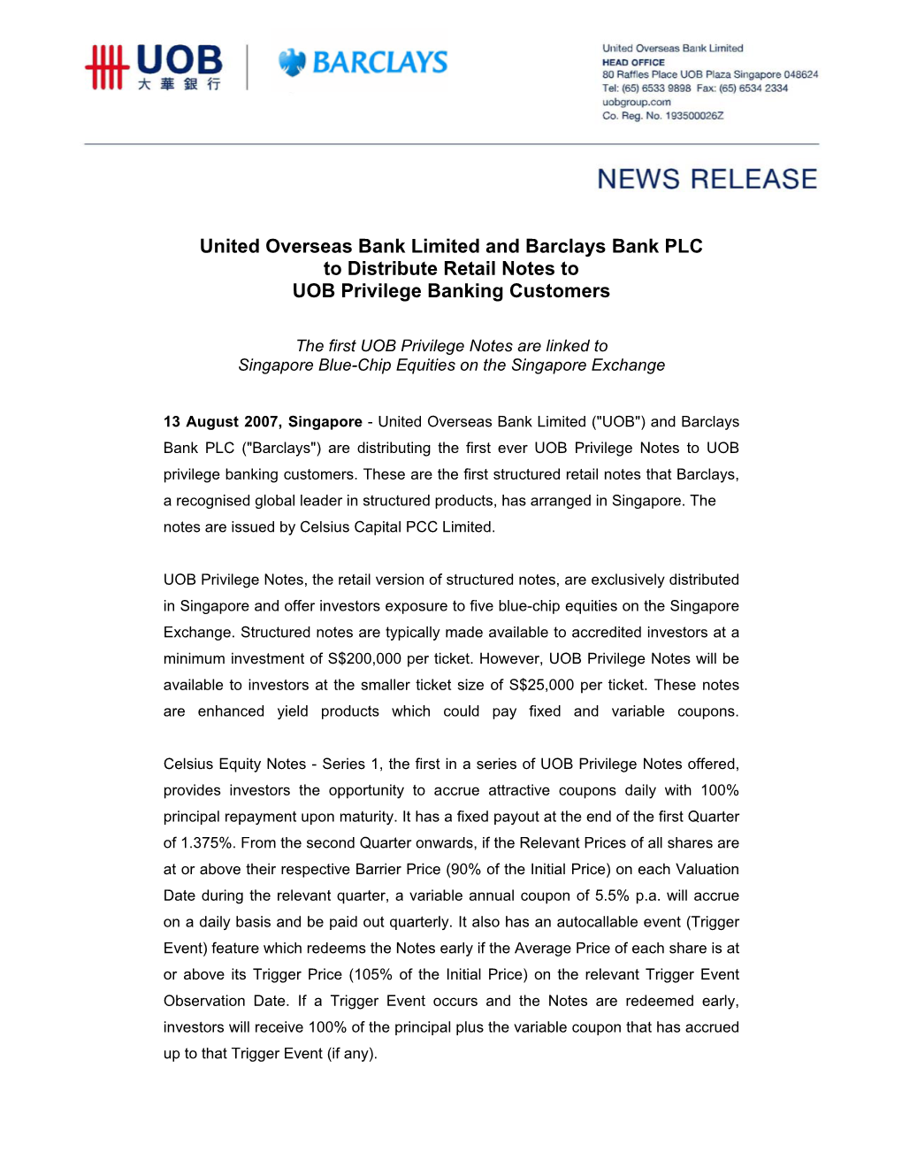 United Overseas Bank Limited and Barclays Bank PLC to Distribute Retail Notes to UOB Privilege Banking Customers