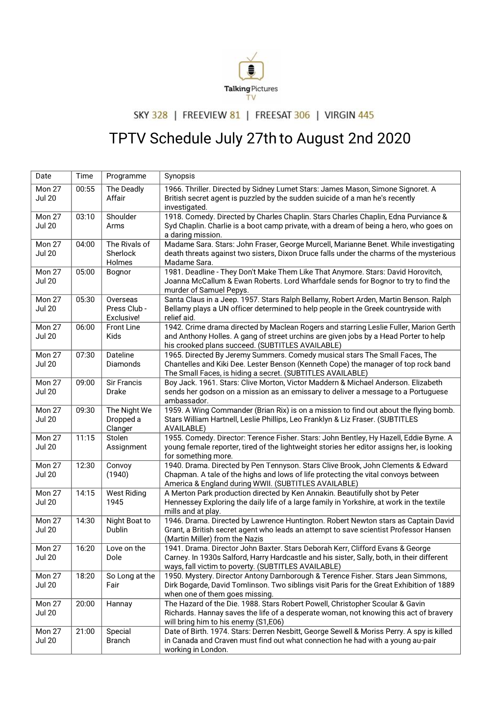 TPTV Schedule July 27Thto August 2Nd 2020