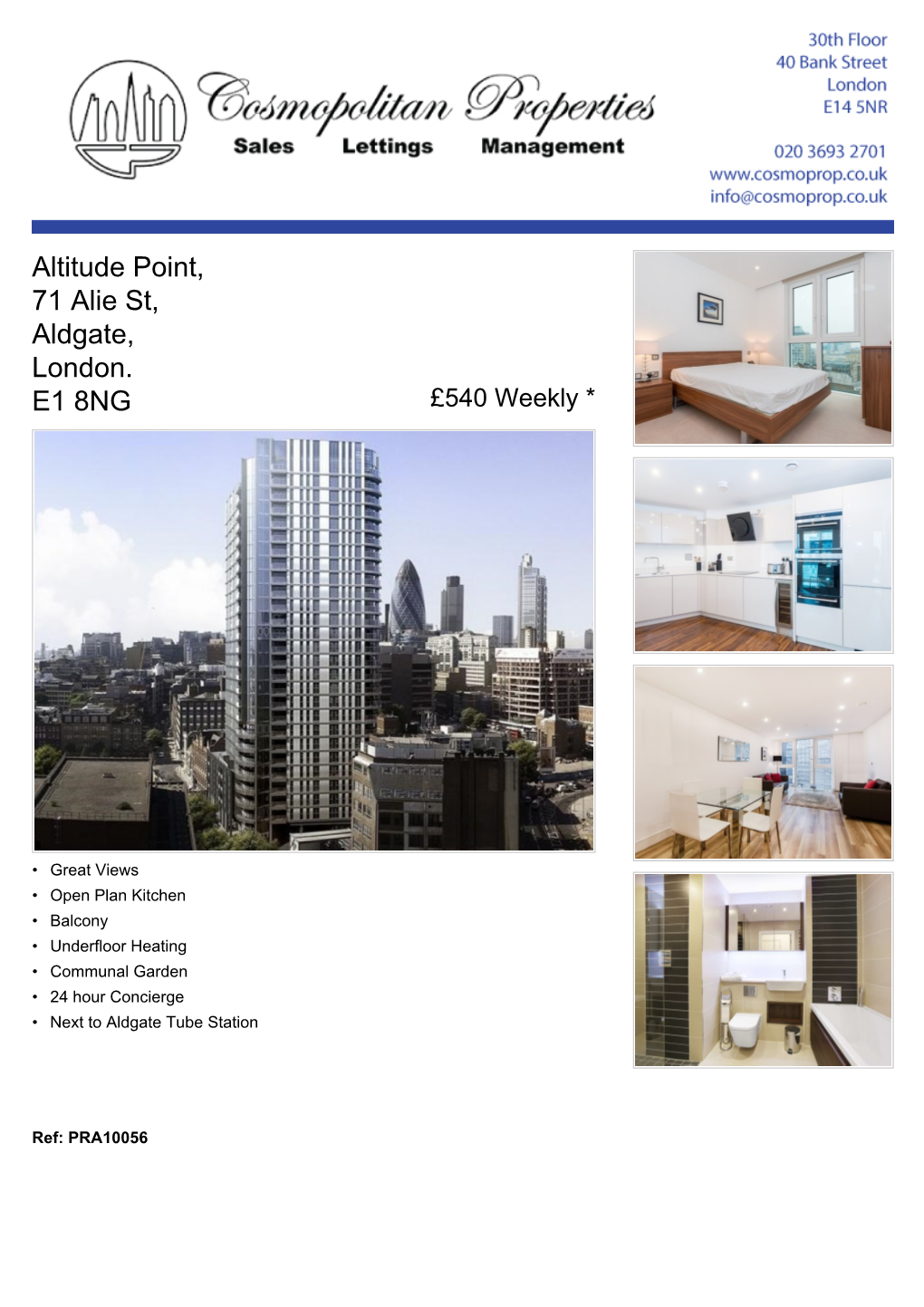 Altitude Point, 71 Alie St, Aldgate, London. E1 8NG £540 Weekly *
