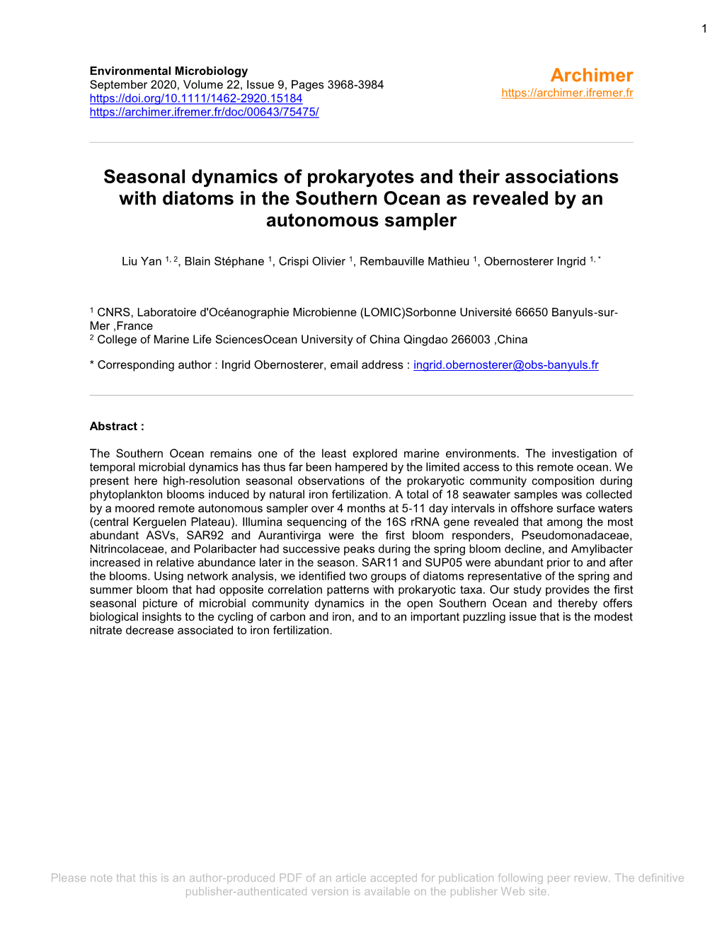 Seasonal Dynamics of Prokaryotes and Their Associations with Diatoms in the Southern Ocean As Revealed by an Autonomous Sampler