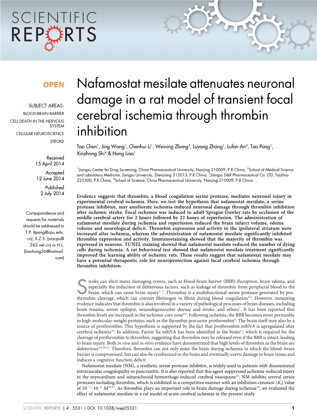 Nafamostat Mesilate Attenuates Neuronal Damage in a Rat Model Of