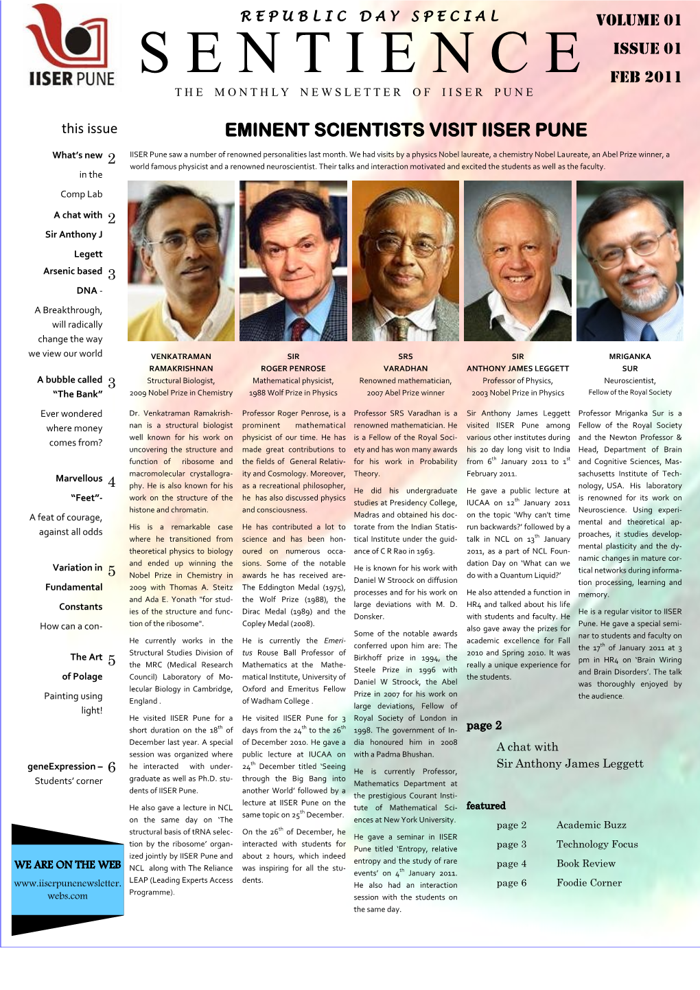 EMINENT SCIENTISTS VISIT IISER PUNE What’S New 2 IISER Pune Saw a Number of Renowned Personalities Last Month