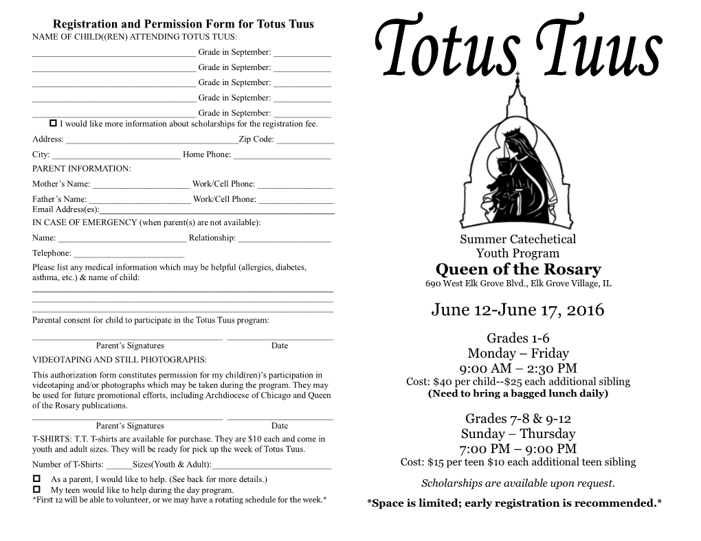 Registration and Permission Form for Totus Tuus
