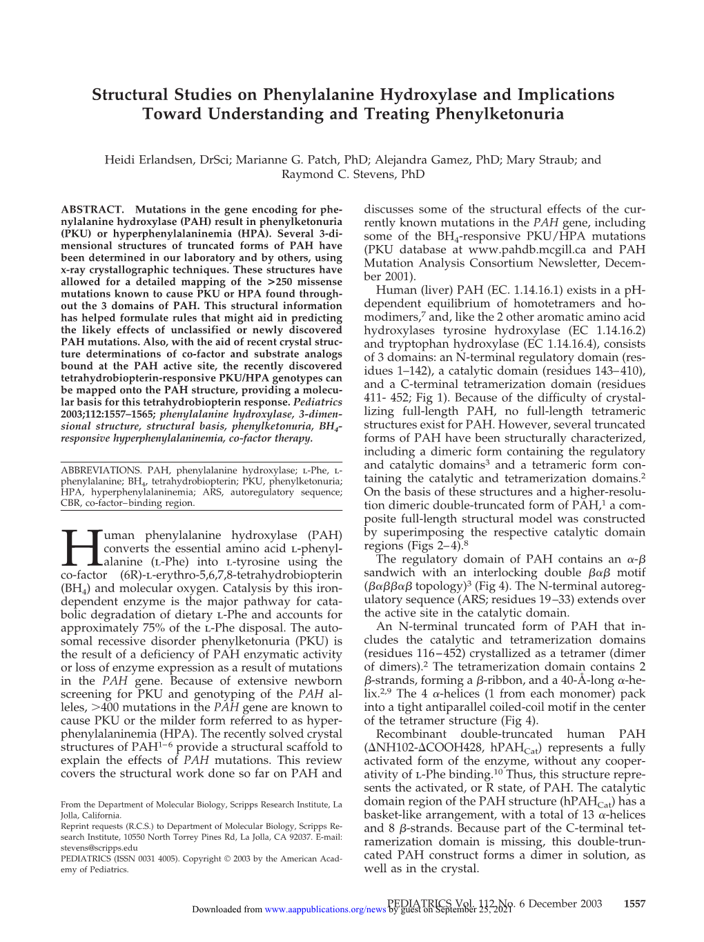 Structural Studies on Phenylalanine Hydroxylase and Implications Toward Understanding and Treating Phenylketonuria