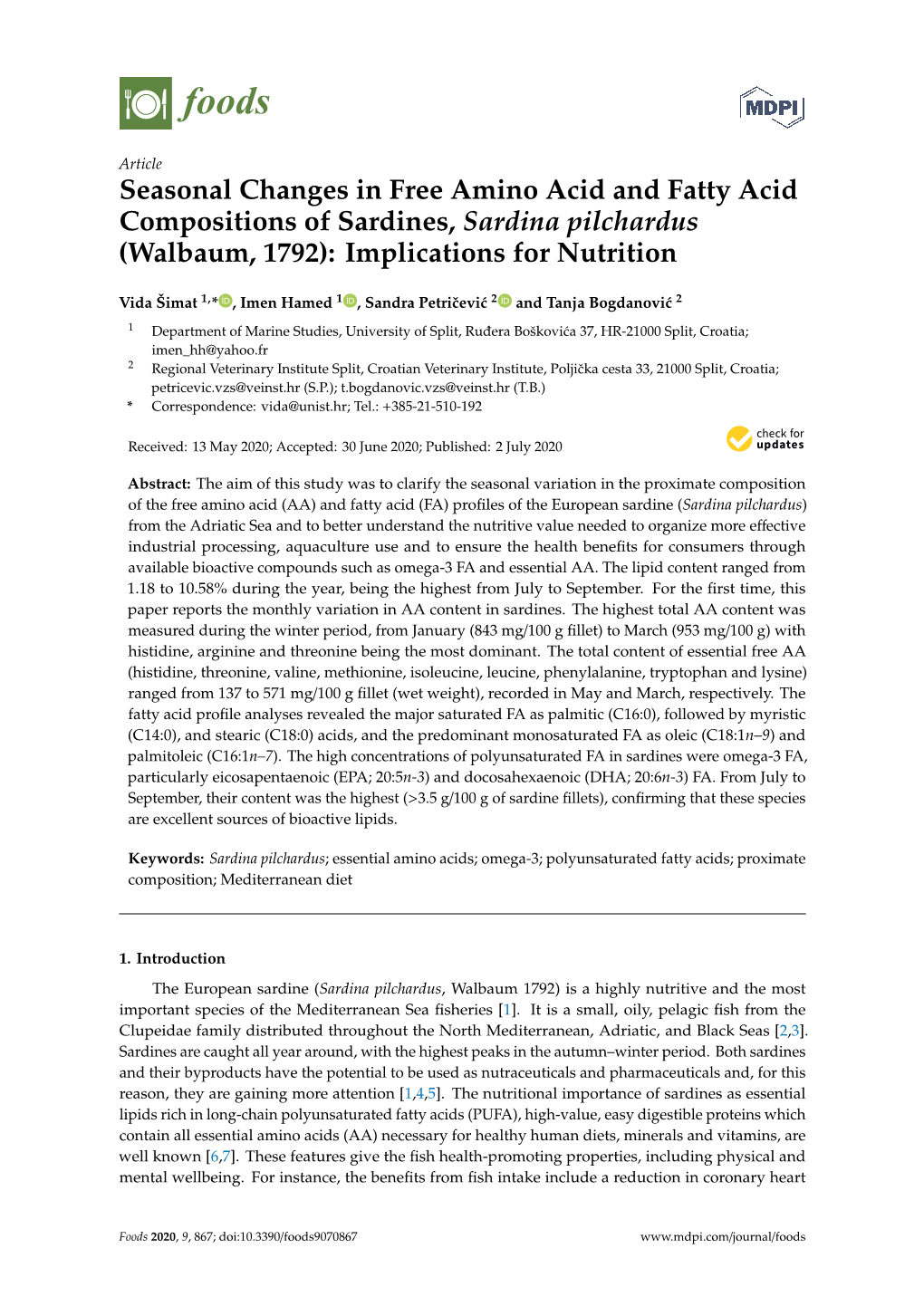 Seasonal Changes in Free Amino Acid and Fatty Acid Compositions of Sardines, Sardina Pilchardus (Walbaum, 1792): Implications for Nutrition