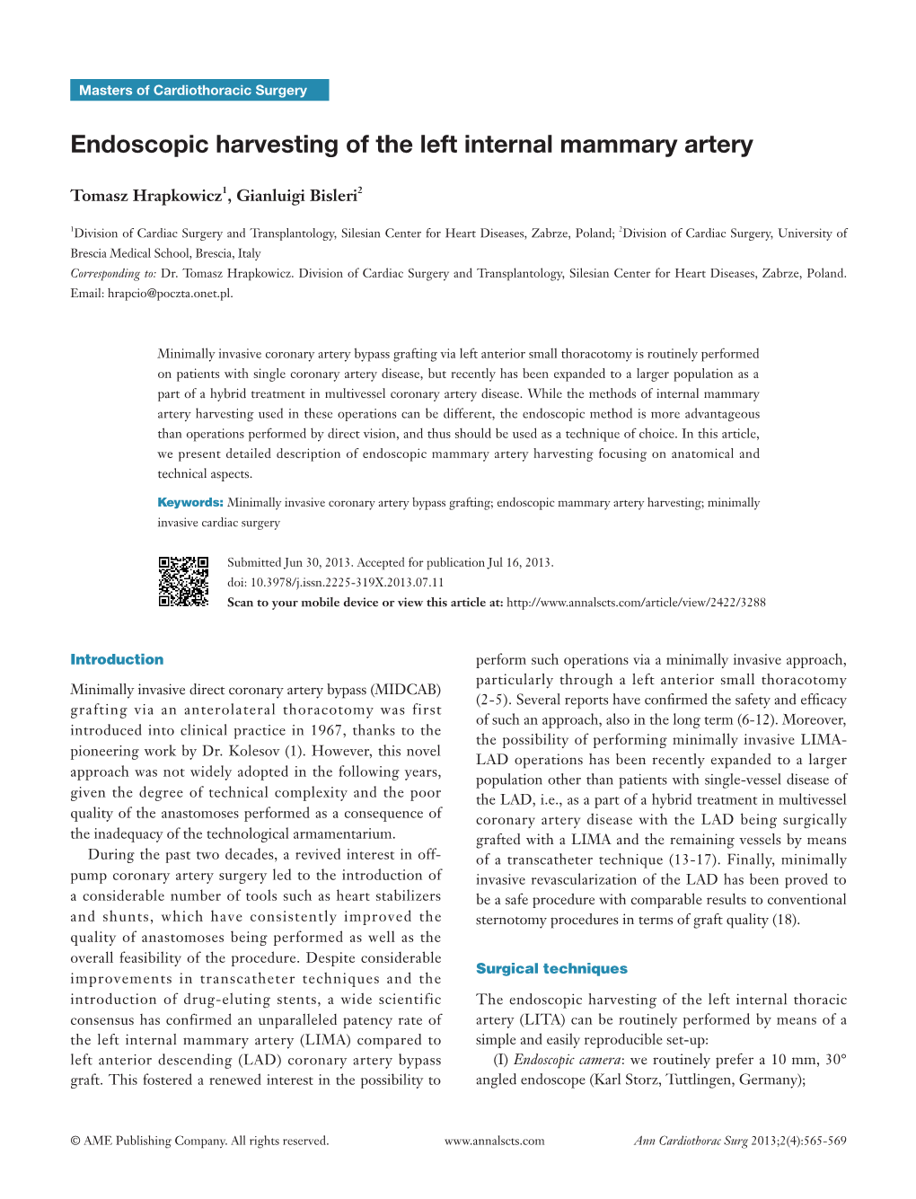 Endoscopic Harvesting of the Left Internal Mammary Artery