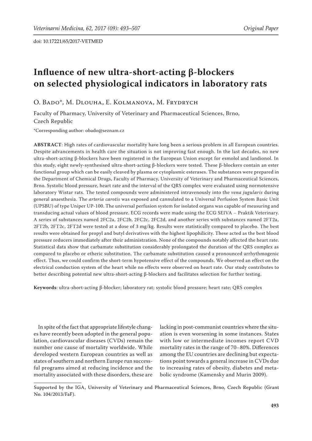 Influence of New Ultra-Short-Acting Β-Blockers on Selected Physiological Indicators in Laboratory Rats