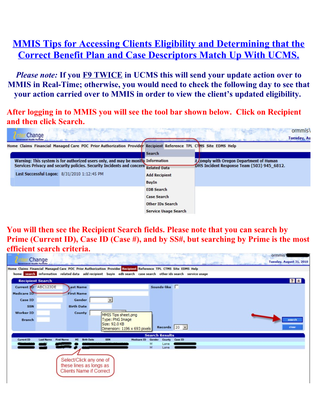 MMIS Tips for Accessing Clients Eligibility and Determining That the Correct Benefit Plan