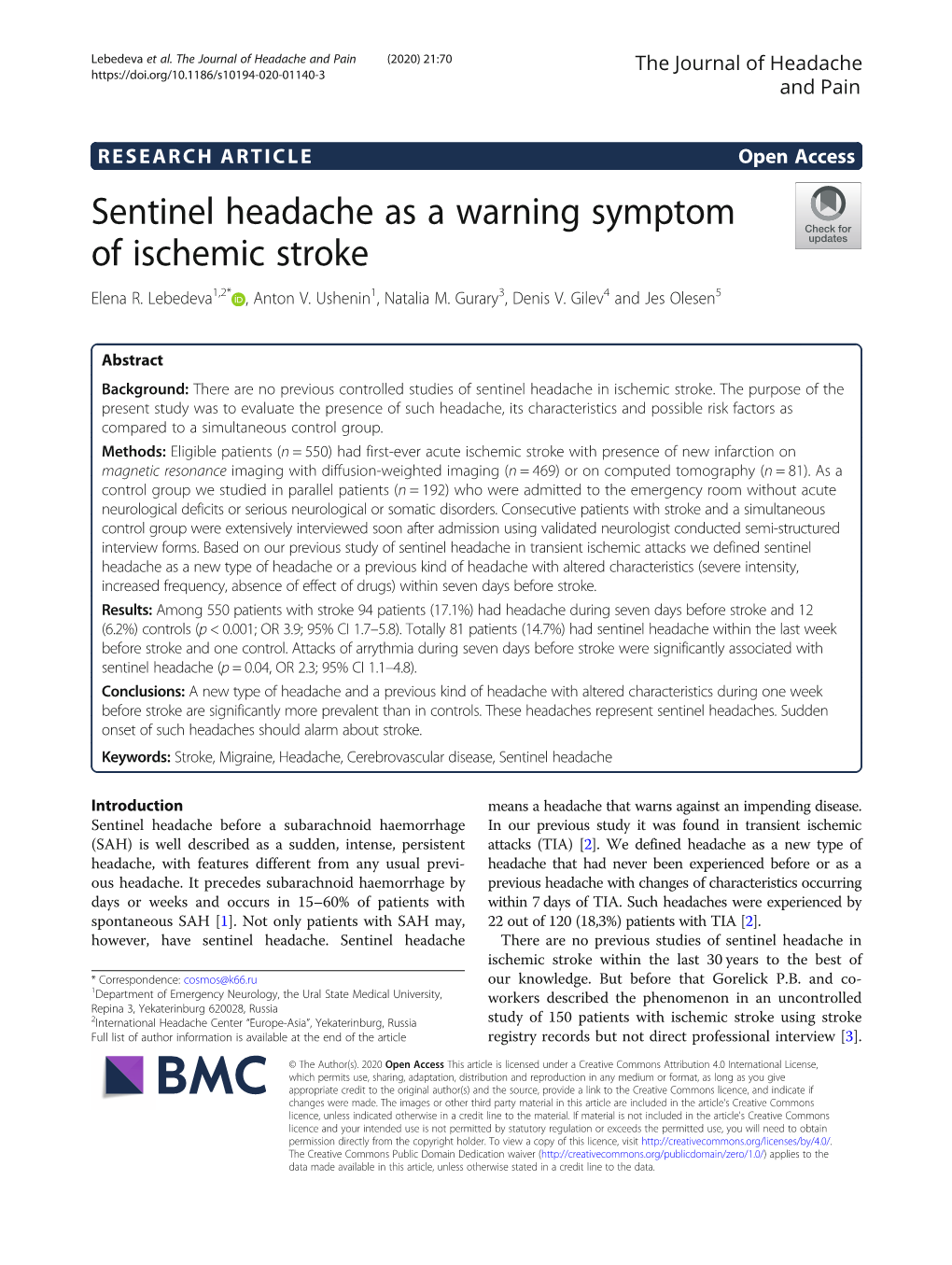 Sentinel Headache As a Warning Symptom of Ischemic Stroke Elena R