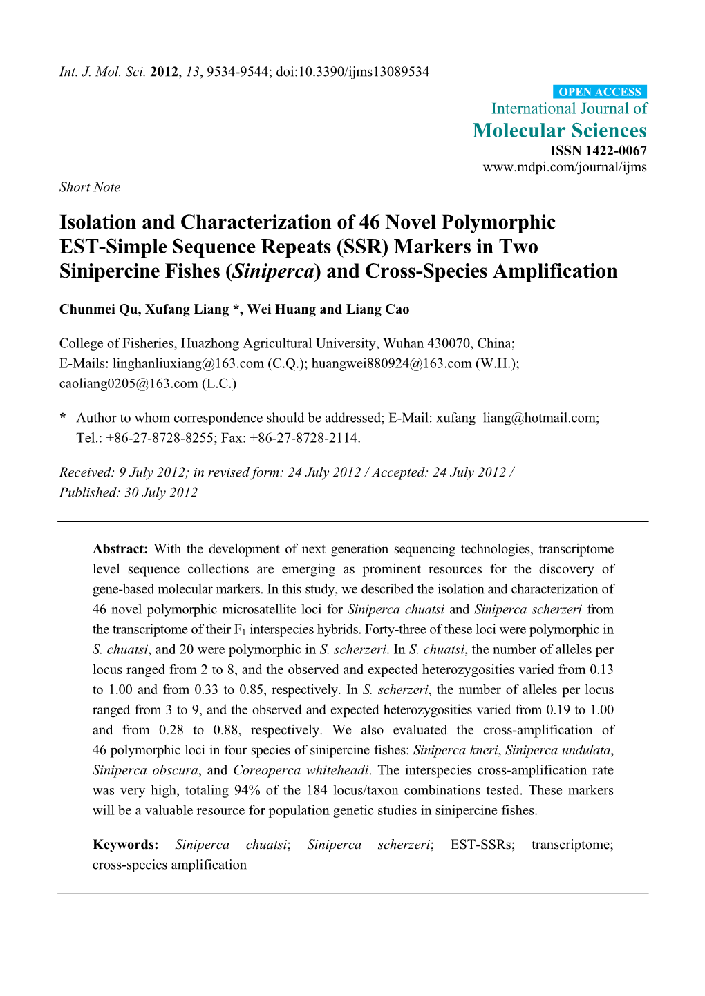 Isolation and Characterization of 46 Novel Polymorphic EST-Simple Sequence Repeats (SSR) Markers in Two Sinipercine Fishes (Siniperca) and Cross-Species Amplification