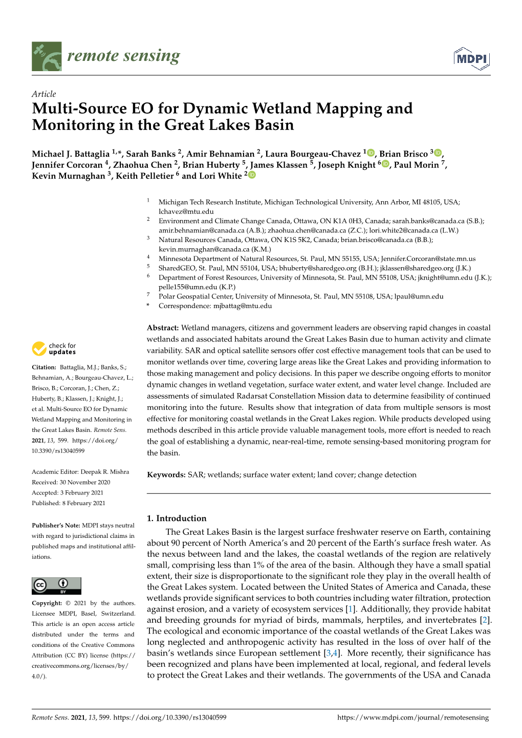 Multi-Source EO for Dynamic Wetland Mapping and Monitoring in the Great Lakes Basin