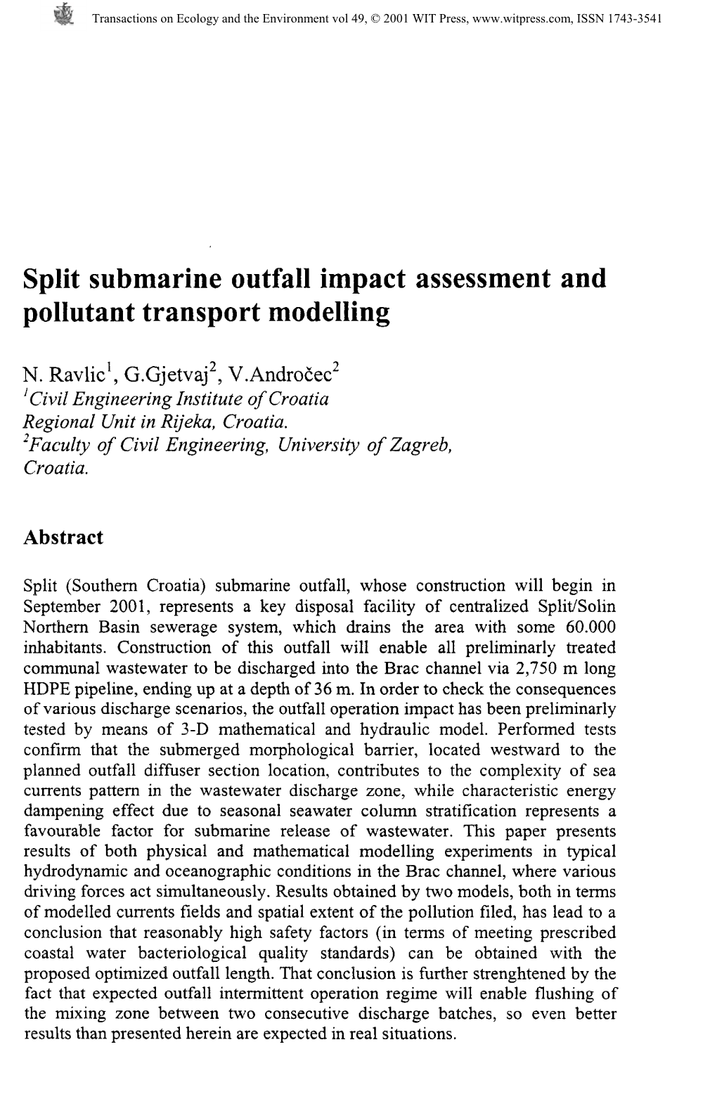 Split Submarine Outfall Impact Assessment and Pollutant Transport Modelling