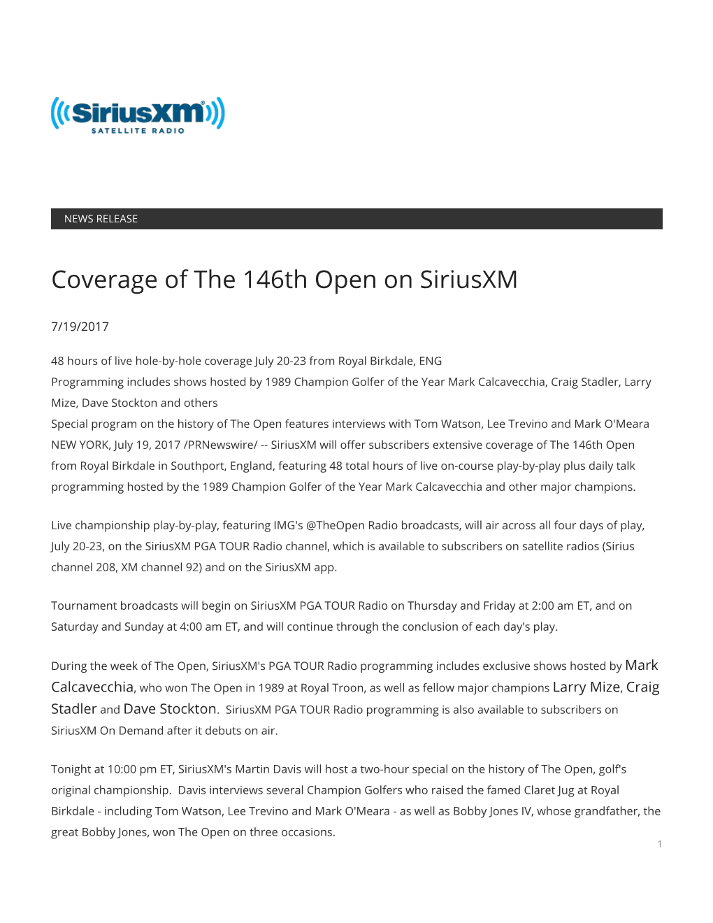 Coverage of the 146Th Open on Siriusxm