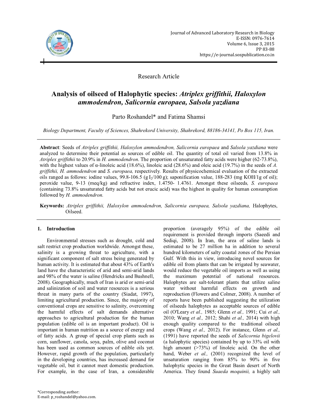 Analysis of Oilseed of Halophytic Species: Atriplex Griffithii, Haloxylon Ammodendron, Salicornia Europaea, Salsola Yazdiana