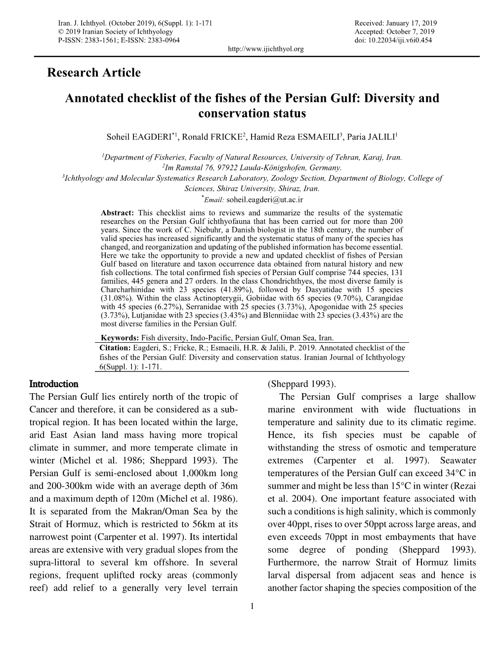 Research Article Annotated Checklist of the Fishes of the Persian Gulf