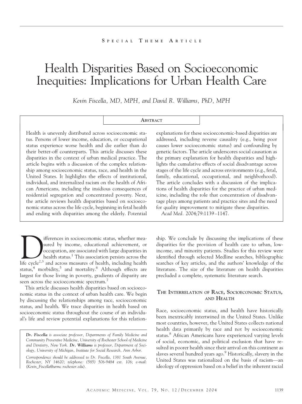 Health Disparities Based on Socioeconomic Inequities: Implications for Urban Health Care