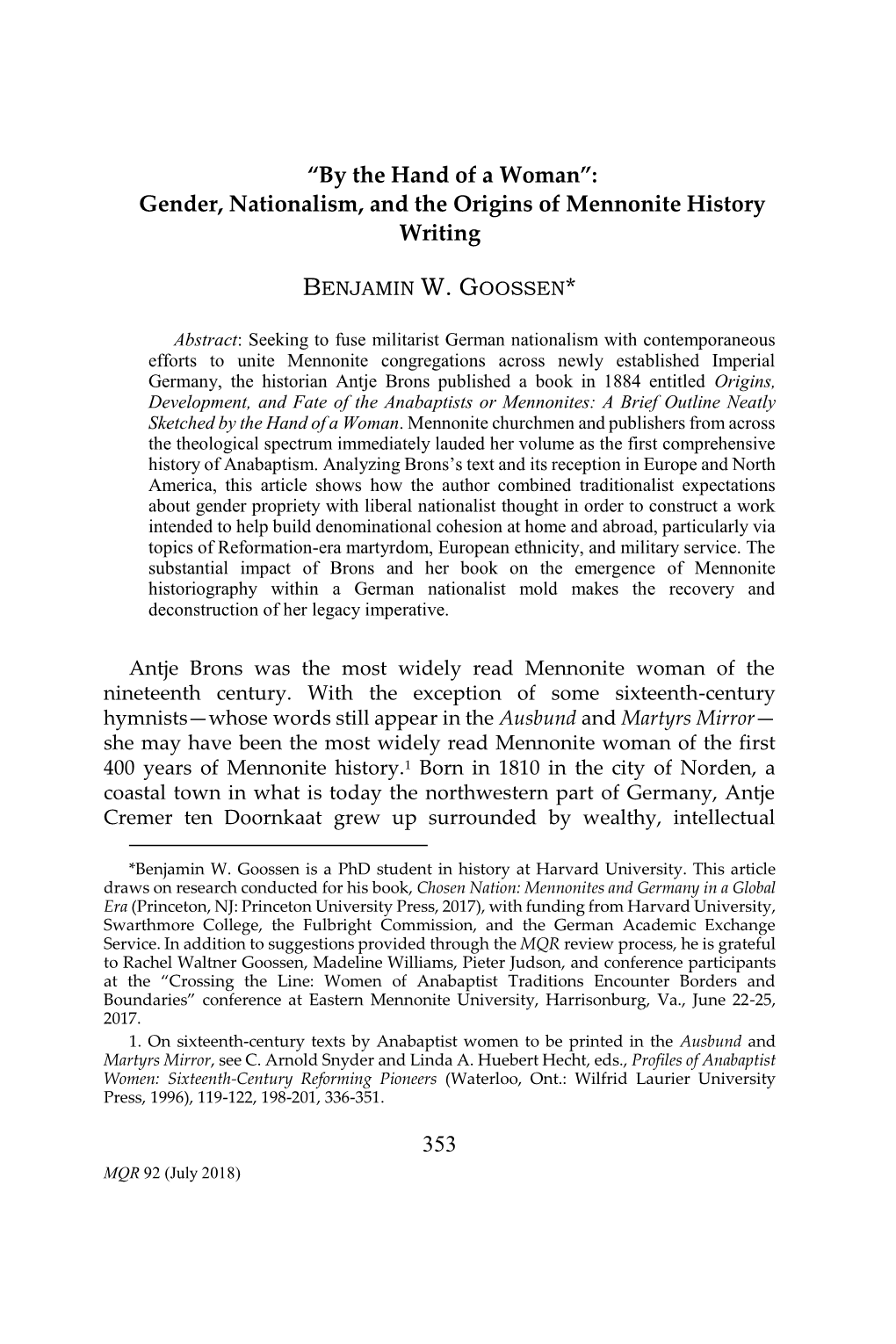 “By the Hand of a Woman”: Gender, Nationalism, and the Origins of Mennonite History Writing