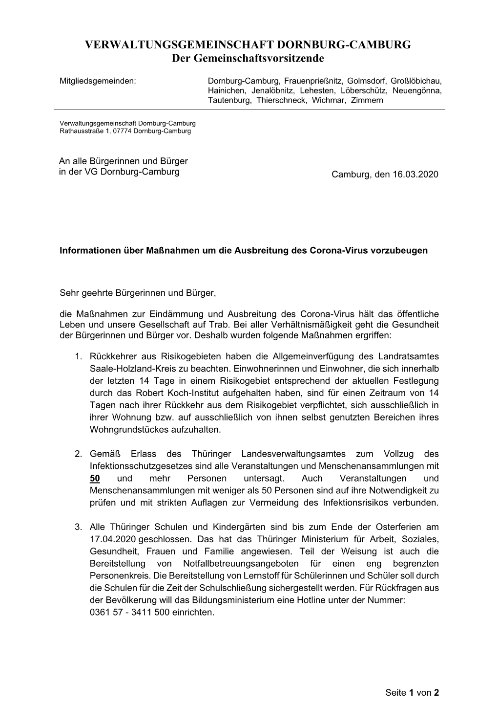 VERWALTUNGSGEMEINSCHAFT DORNBURG-CAMBURG Der Gemeinschaftsvorsitzende