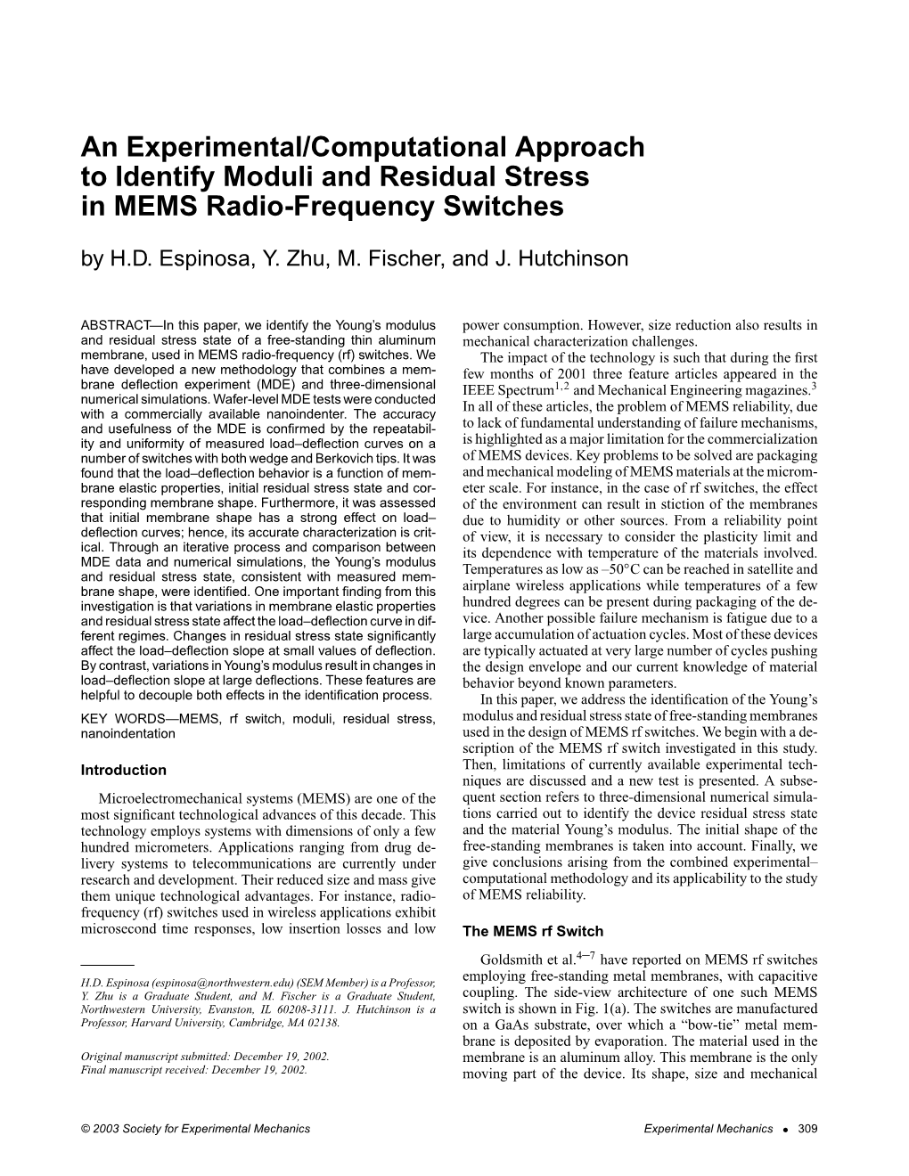 An Experimental/Computational Approach to Identify Moduli and Residual Stress in MEMS Radio-Frequency Switches by H.D